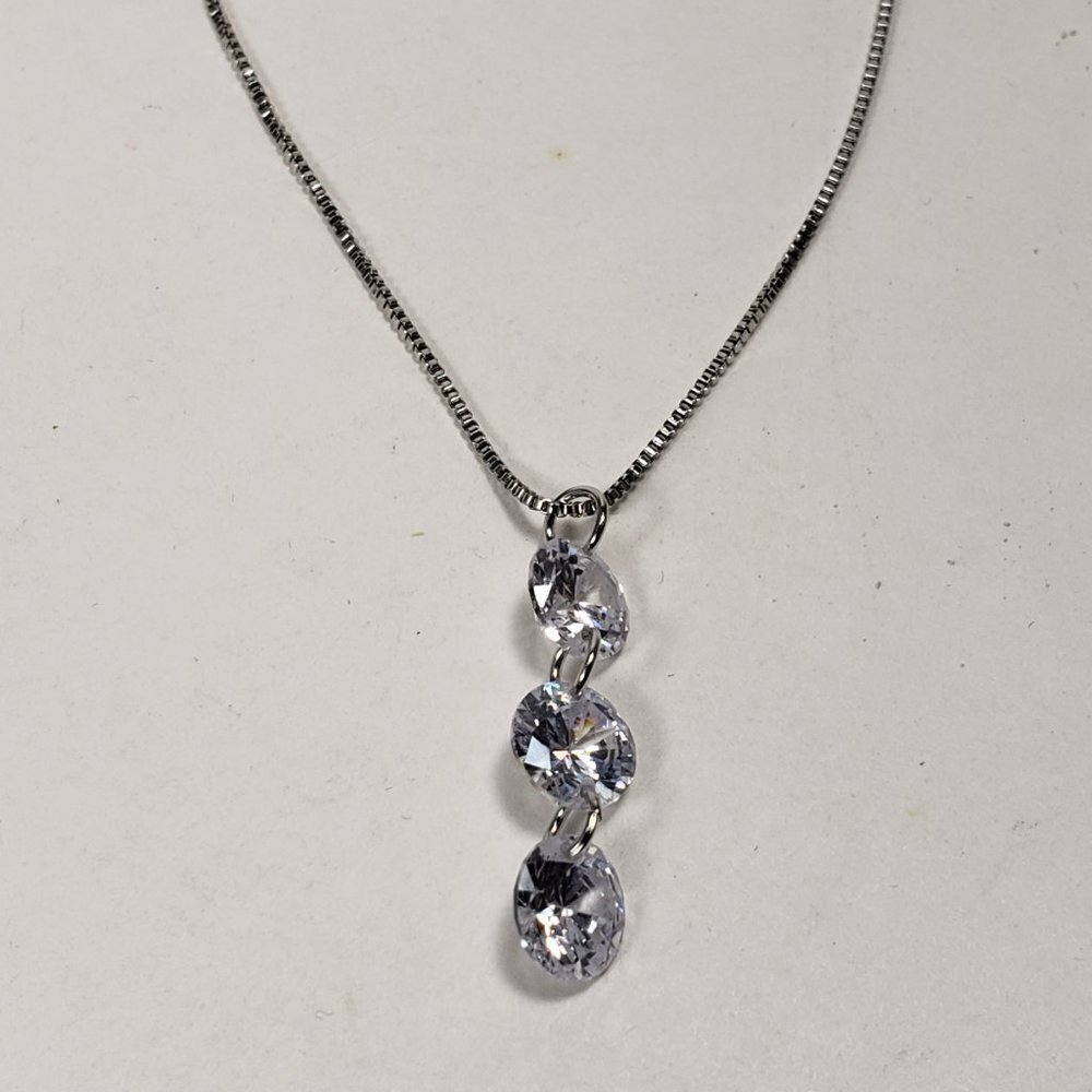 Necklace - Swarovski Crystal  - Triple Stones Drop Pendant, Rhodium Overlay, 18" - Picture 10 of 13